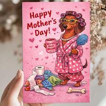 1pc Mother'S Day Greeting Card | Cartoon Sausage Dog In Robe Holding Coffee And Feather Duster Saying "World'S Best Mom" | Invitation Pocket, Paper Material - Multicolor - View 5