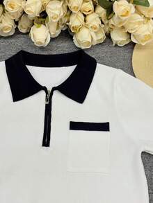 2026 Nuevo Conjunto elegante de oficina para mujer, suéter de punto minimalista y de alta gama, diseño de bolsillo con cremallera de contraste de color, ropa urbana para damas, blusa de punto de manga corta versátil y sencilla, ropa casual de verano para exteriores - Blanco y Negro - Ver 3