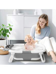 1PC Collapsible Baby Bathtub With Soft Cushion & Thermometer - Portable Travel Infant Tub For Newborn To Toddler (0-36 Months) - Non-Slip, Durable & Includes Floating Pad - Xám - Xem 3