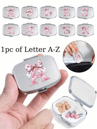 Square Medicine Box With Bow Initial Letters A-Z Pattern, 2 Portable Medicine Boxes, Mini Metal Storage Box, Portable Jewelry And Medicine Box, Personalized Creative Gift With Name Identification, Suitable For Travel, Outdoor Activities, Bags, Pockets, Used For Wedding Gifts, Gifts And Reception Decoration, Uniquely Designed Decorative Travel Storage Box (Initial Letters A-Z), Valentine'S Day, Wedding Season, Souvenirs, Bridesmaid Gifts, Birthday Holiday Gifts