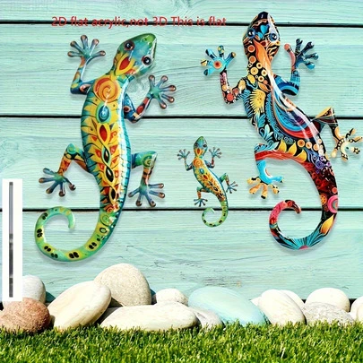 1 Set de Decoración de Pared Acrílica, Arte de Pared de Gecko Energético - Impresión Plana 2D, Decoración de Lagarto de Primavera/Verano para Exteriores, Adecuado para Decoración de Jardín y Cerca Exterior, Sin Necesidad de Electricidad