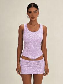 Womens Two Piece Summer Outfits Glitter Sequin Sleeveless Tank Tops And Mini Skirt Set Clubwear - 紫色 - 查看 2