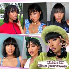 ZHENDEFA Tóc giả bob bằng tóc thật, có mái, thẳng mượt, không cần keo dán, mật độ 180%, màu đen, không có ren, làm bằng máy, dành cho nữ. - SNatural - Xem 12