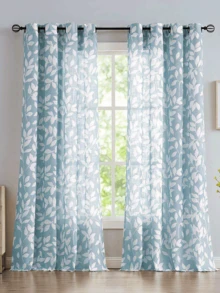 1pc Blue Leaf Print Waterproof Reusable Washable Curtain, Rope Loop Linen-Look Sheer Leaf Print Curtain, Suitable For Windows, Living Room, Bedroom, Bathroom, Kitchen - Baby Blue - View 8