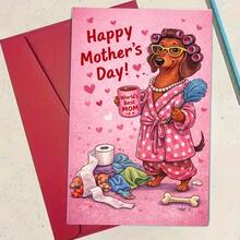 1pc Mother'S Day Greeting Card | Cartoon Sausage Dog In Robe Holding Coffee And Feather Duster Saying "World'S Best Mom" | Invitation Pocket, Paper Material - Multicolor - View 4