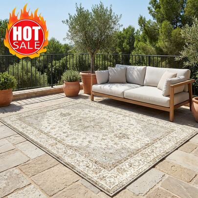 1pc Home Deccor Cream & Taupe Vintage Medallion Velvet Rug, Elegant Low-Pile Area Mat With Distressed Floral Border For Patio / Balcony / Living Room / Dining Space / Housewarming Gift / All-Season Outdoor Decor