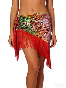 女士亮片流苏臀巾拉丁舞表演服装肚皮舞流苏腰链配三角巾 - 彩色 - 查看 6