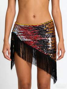 女士亮片流苏臀巾拉丁舞表演服装肚皮舞流苏腰链配三角巾 - 彩色 - 查看 22