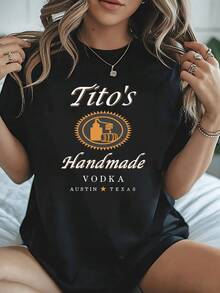 Tito's Handmade Vodka Distilling Pattern Women's Graphic Print TShirt, Vintage Inspired Style, Ultra Soft Pure Cotton Tee For Casual Daily Wear, Perfect Gift For Women & Vodka Lovers - màu đen - Xem 5
