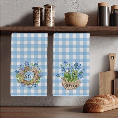 2条装简约蓝白格子水彩花卉图案厨房毛巾，40*60厘米，柔软超细纤维材质，适用于家庭、厨房、餐厅、户外露营、桌面清洁、餐具擦干、手部擦干，礼品