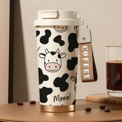 1pc/18oz Cute Cow & Floral Pattern Insulated Tumbler With Strap - Keeps Hot Drinks Hot For 12hrs, Cold Drinks Cold For 24hrs - Leak-Proof Reusable Cup Suitable For Office, School And Picnics - Aesthetic Cute Gift For Women And Girls