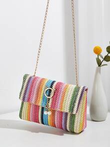 1 pieza Bolso cuadrado de lujo de estilo bohemio para dama con diseño de cierre magnético en tejido de contraste colorido - Multicolor - Ver 9