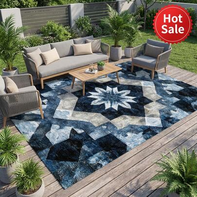 1 Piece Modern Geometric Floral Area Rug – Navy Blue & Light Blue Radiating Pattern On Cream Base, Heavyweight 1100g/M² Ultra-Soft Faux Cashmere Feel Non-Slip Low-Pile Floor Covering For Living Room & Contemporary Home Decor | Easy To Clean & Durable Home Decor Bath Mats