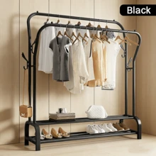 Metal Clothes Rail With Wheels, Multi Purpose Clothes Rack For Bedroom With 2 Hanging Rods, Portable Heavy Duty Clothes Rail Coat Rack With 4 Side Hooks, 2 Tiers Shelves For Shoes And Clothes Storage, Free Standing Coat Hat Garment Stand Pants Rack On Wheels, Black Clothes Drying Rack Open Wardrobe Living Room Guest Room - Black - View 5