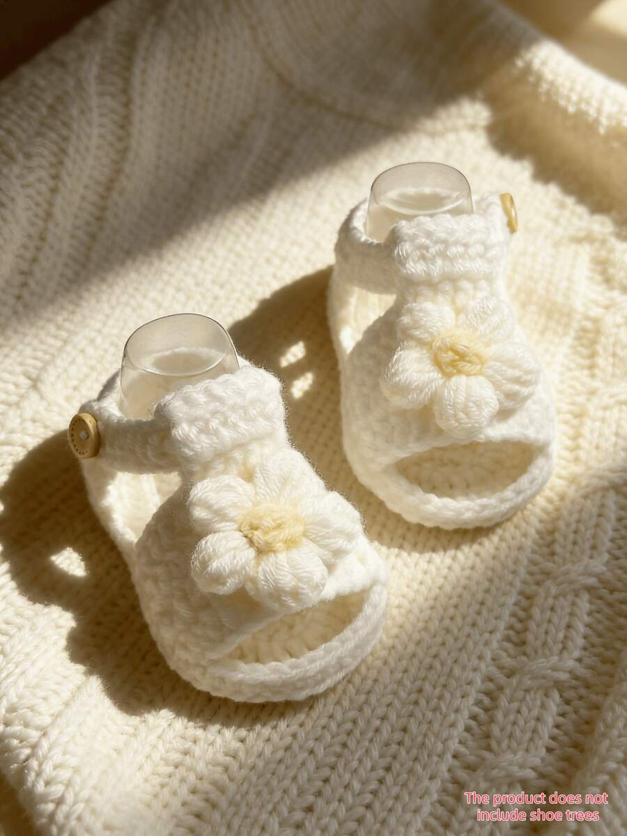 1 par de sandalias para bebé, de ganchillo blanco, con decoración floral, estilo slip-on, suela blanda - Blanco - Ver 1