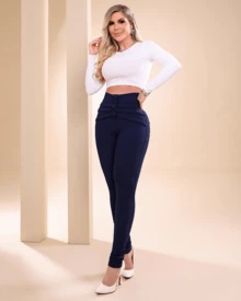 Women's High-Waisted Pop Mesh Covered Button Leggings - Navy Blue - View 3