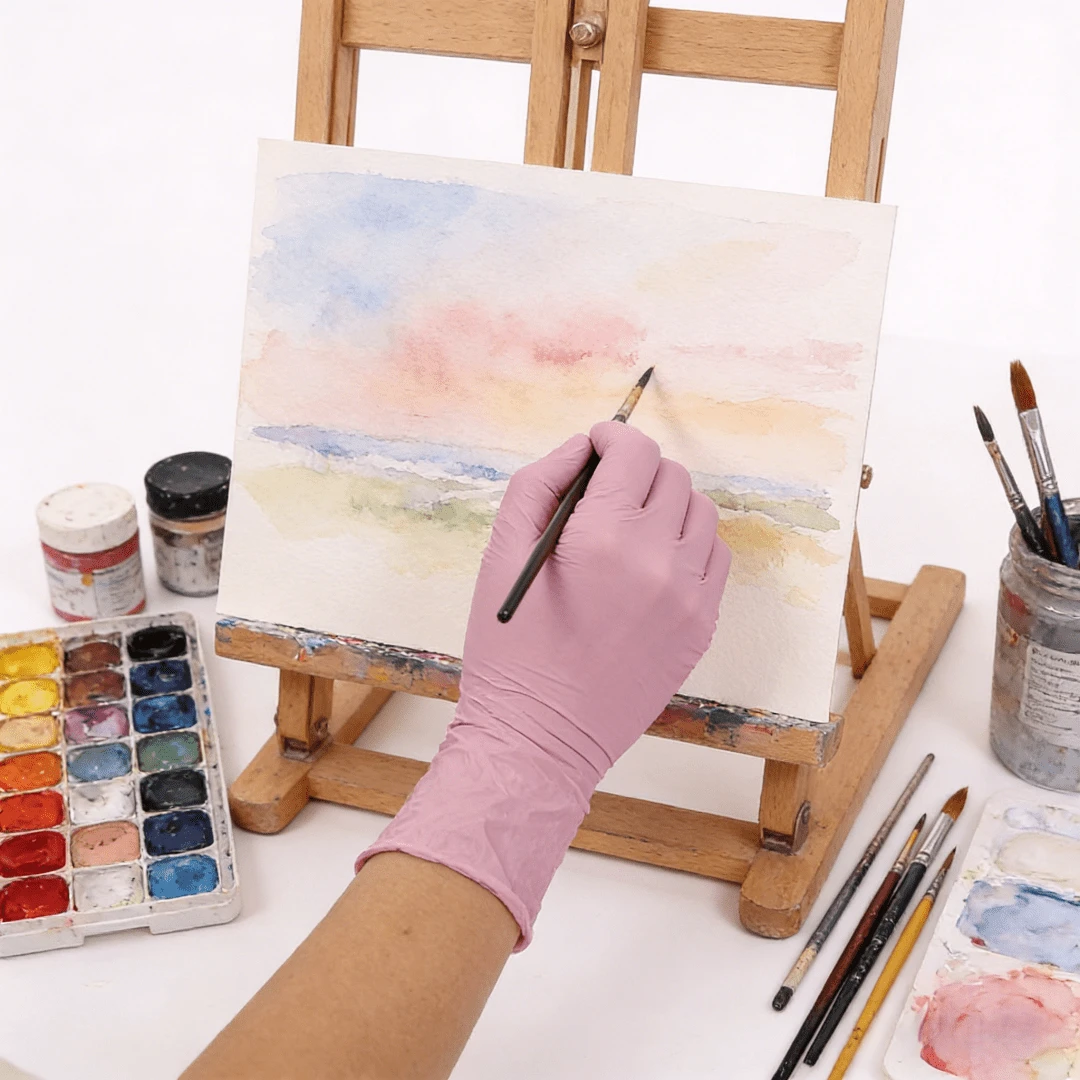 Guante de artista de nitrilo rosa resistente, con deslizamiento suave y anti-manchas para el uso de tableta gráfica de diseñador