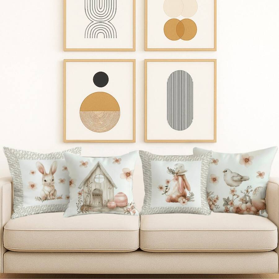 Set Of 4 Cushion Covers With Inserts, Exclusive Easter Collection, Decorative Prints For Sofa And Bed For Comfort - RABBIT HOUSE - View 1