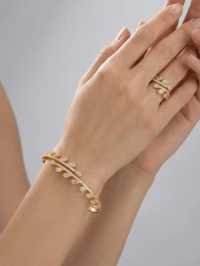 1 Set Of 2 Pcs Fashionable Elegant Sparkling Cubic Zirconia Encrusted Teardrop Hinged Bangle & Ring Set, Versatile For Daily Wear, Party, Wedding, Summer, Eid/Eid Al-Fitr Gift - -set Side-hanging Teardrop - View 2