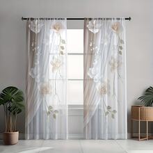 2PCS White & Beige 3D Effect Rose & Floral Print Elegant Modern Style Flat Print Sheer Curtains, 100% Polyester Fabric, Rod Pocket Style, Unlined, 90gsm, Width 180cm, Ideal For Bedroom, Living Room, Dining Room, Bathroom, And Outdoor Sheer Curtains - Multicolor - View 5