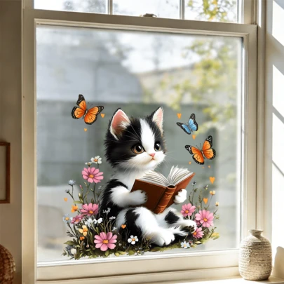 1/4pcs Cute Cartoon Highland Bull Animal Window Stickers For Spring, Reusable PVC Double-Sided Visible Electrostatic Glass Stickers, Suitable For Bedrooms, Children's Rooms, Kitchens, And Home Decor.