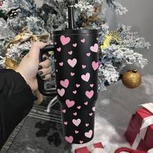 mikenda 1个40盎司不锈钢心形保温杯，带手柄和吸管，情人节风格，大容量保温咖啡杯，可重复使用，适合居家、办公、户外旅行 - 黑色 - 查看 4