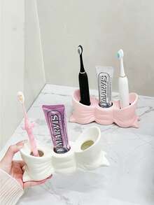1pc White & Pink Bow Toothbrush Holder, 3-Slot Independent Bathroom Countertop Storage Rack, Multi-Function Toothbrush & Toothpaste Organizer, Durable & Elegant Home Decor Accessory, Fashionable Bathroom Supplies - Multicolor - View 3