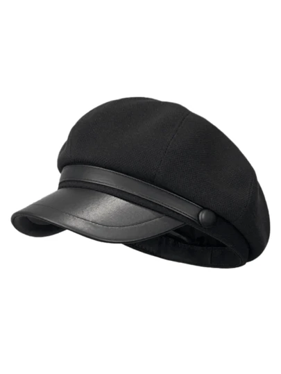 1pc Women's Black Solid Color Leather & Polyester Breathable Casual Beret Hat, Suitable For Daily Street Wear