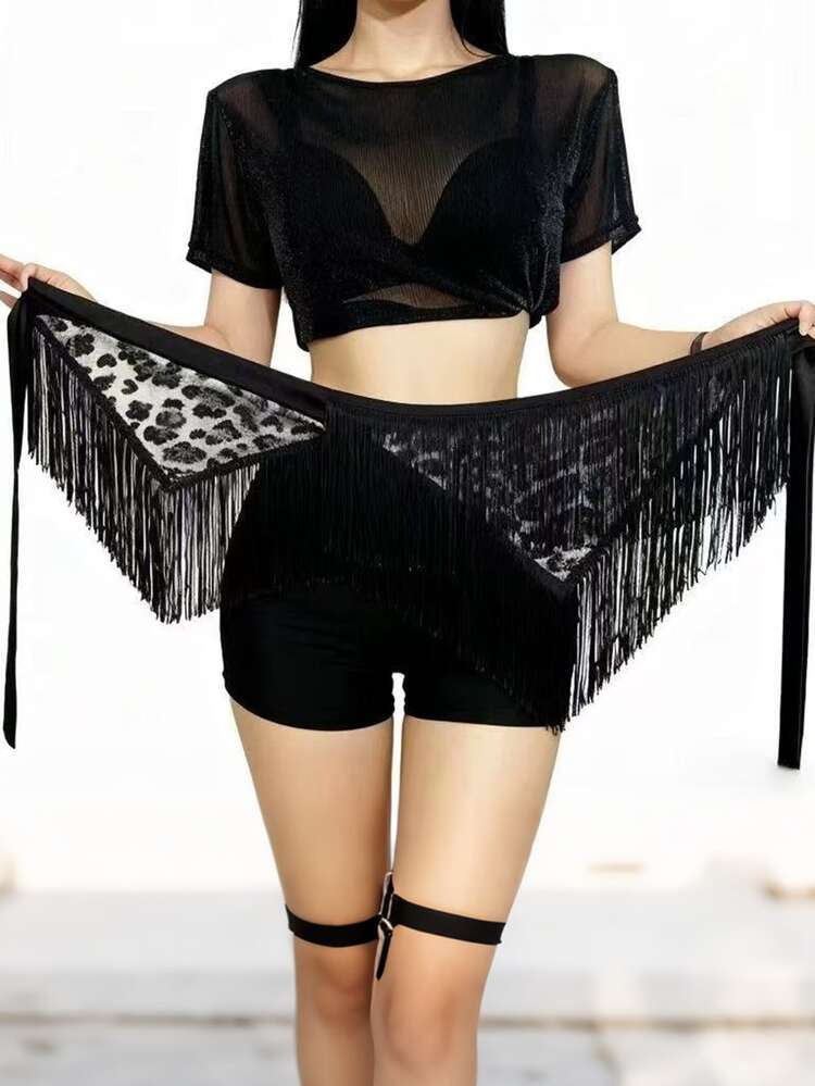 Leopard Sequin Patchwork Belly Dance Hip Scarf, Layered Fringe Tie-Waist Wrap For Retro Dance & Street Style - Multicolor - View 4