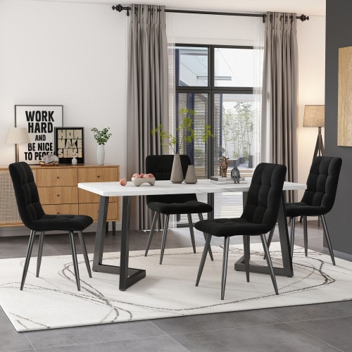 Table And Chair Set (4 Chairs Included), Rectangular Table, Modern Kitchen Table And Chair Combination, Black Velvet Dining Chairs, Black Table Legs