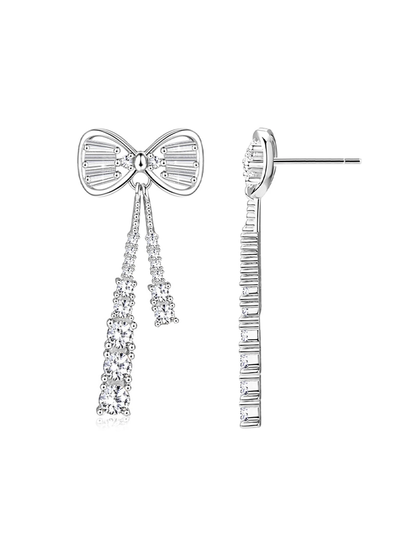 S925纯银立方氧化锆蝴蝶结耳钉，奢华闪耀设计，适合派对/婚礼佩戴，情人节/订婚/周年纪念日送给女友的礼物，附赠礼盒 - 白金 - 查看 1