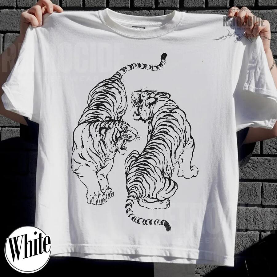 Two Tigers Retro Graphic T-Shirt, Vintage 90s Style Tiger Lovers Shirt, Classic Streetwear T-Shirt, Bold Wildlife Design R208 - 白色2 - 查看 1