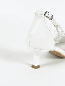 女士高跟镂空尖头鞋，配仿珍珠饰带，时尚法式蝴蝶结网眼镂空婚鞋 - 白色 - 查看 7