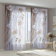 2PCS White & Beige 3D Effect Rose & Floral Print Elegant Modern Style Flat Print Sheer Curtains, 100% Polyester Fabric, Rod Pocket Style, Unlined, 90gsm, Width 180cm, Ideal For Bedroom, Living Room, Dining Room, Bathroom, And Outdoor Sheer Curtains - Multicolor - View 10