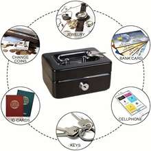 1pc Compact Metal Cash Box With Combination Lock, Secure Lock Box With Money Tray, Glossy Black Finish, Perfect For Retailers, Personal Use, Home Office And Secure Storage - Black - View 9
