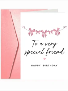 1張甜美粉色蝴蝶結特別好友生日卡，優雅極簡設計，給閨蜜的理想生日禮物，加厚加大信封與卡片 - 多色 - 查看 1