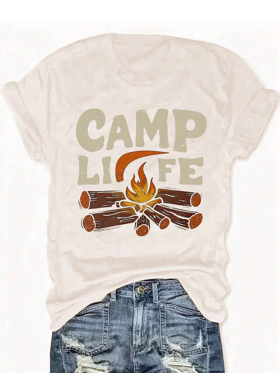 Women's Camp Themed T-Shirt - CAMP LIFE Lettering & Campfire Print With Logs & Marshmallow Design - Casual Round Neck Short Sleeve Outdoor Tee - 杏色 - 查看 1