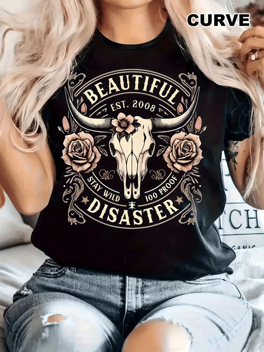 Women's Casual Knitted Short Sleeve Round Neck T-Shirt With 'Beautiful Disaster' Graphic Print - 黑色 - 查看 1