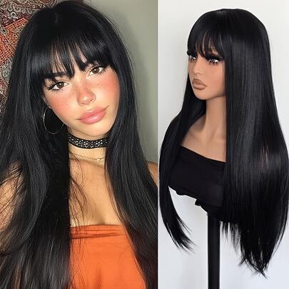 女士/女孩长款蓬松波浪卷合成假发，直发底带刘海 - 高密度分层发，适合日常佩戴、派对、角色扮演 - 26英寸蓬松假发