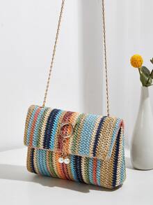 1pc Colorful Contrast Knitted Material Magnetic Closure Bohemian Style Niche Luxury Women's Small Square Shoulder Bag , Bohemian Outfit For Women - Multicolor - View 9