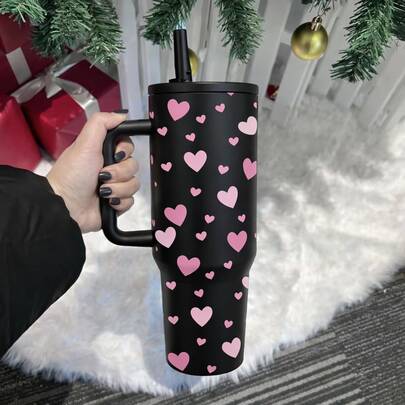mikenda 1pc 40oz Stainless Steel Heart-Shaped Insulated Tumbler With Handle And Straw, Cute Valentine's Day Style Large Capacity Thermal Coffee Cup, Reusable For Home, Office, Outdoor Travel