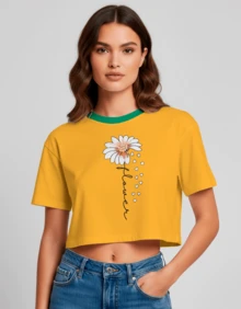Cropped Feminina Estampa Flowers Coração Casual Treino Academia Diversas Cores Hexa Copa - Amarela Gola Verde - Visão 3