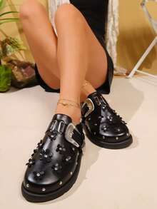 Mocasines de cuña y plataforma negros personalizados con remaches, cómodos para mujer - Negro - Ver 4