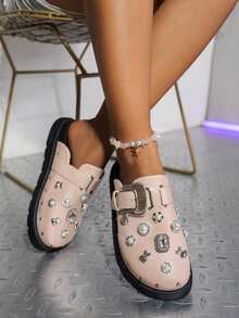 Women's Fashion Comfortable Rivet Personalized Black Wedge & Platform Loafers - Pink - View 4