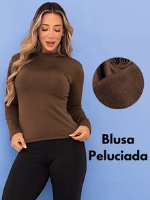 Cold Thermal Blouse Second Skin Gym Long Sleeve Plush Winter Felpuda Flannel Tarelles - Rỉ Nâu - Xem 10