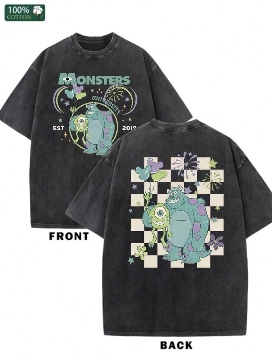 Disney Monsters University Summer T-Shirt, Pure Cotton T-Shirt, One-Piece Design, Pure Cotton Fabric, Comfortable And Breathable, Worn By Disney Lovers And Couples In Disney Parks; A High-Quality Fashion Brand, It Is The Ideal Surprise Gift For Family And Friends. - 黑色 - 查看 1