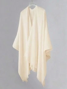 1件装女士纯色仿羊绒流苏超大披肩领保暖斗篷 - 杏色 - 查看 3