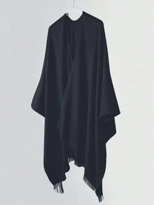 1件装女士纯色仿羊绒流苏超大披肩领保暖斗篷披肩，旅行必备，沙滩巾 - 黑色 - 查看 4