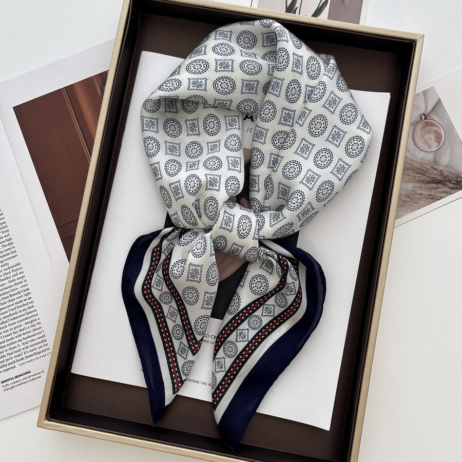 1条70*70厘米方形真丝围巾，女士缎面印花头巾，颈巾，发带，时尚女士披肩，围巾 - 黑灰 - 查看 1