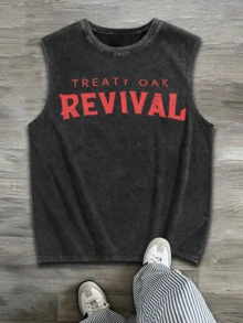Sleeveless Printed T-Shirt, Y2K Style Street Fashion Men's Washed Vest (220g Pure Cotton), Vintage Pattern Fun Print, Hip-Hop Style, Men's Summer Round Neck Short-Sleeved Casual T-Shirt, Men's Summer Streetwear. - màu đen - Xem 2